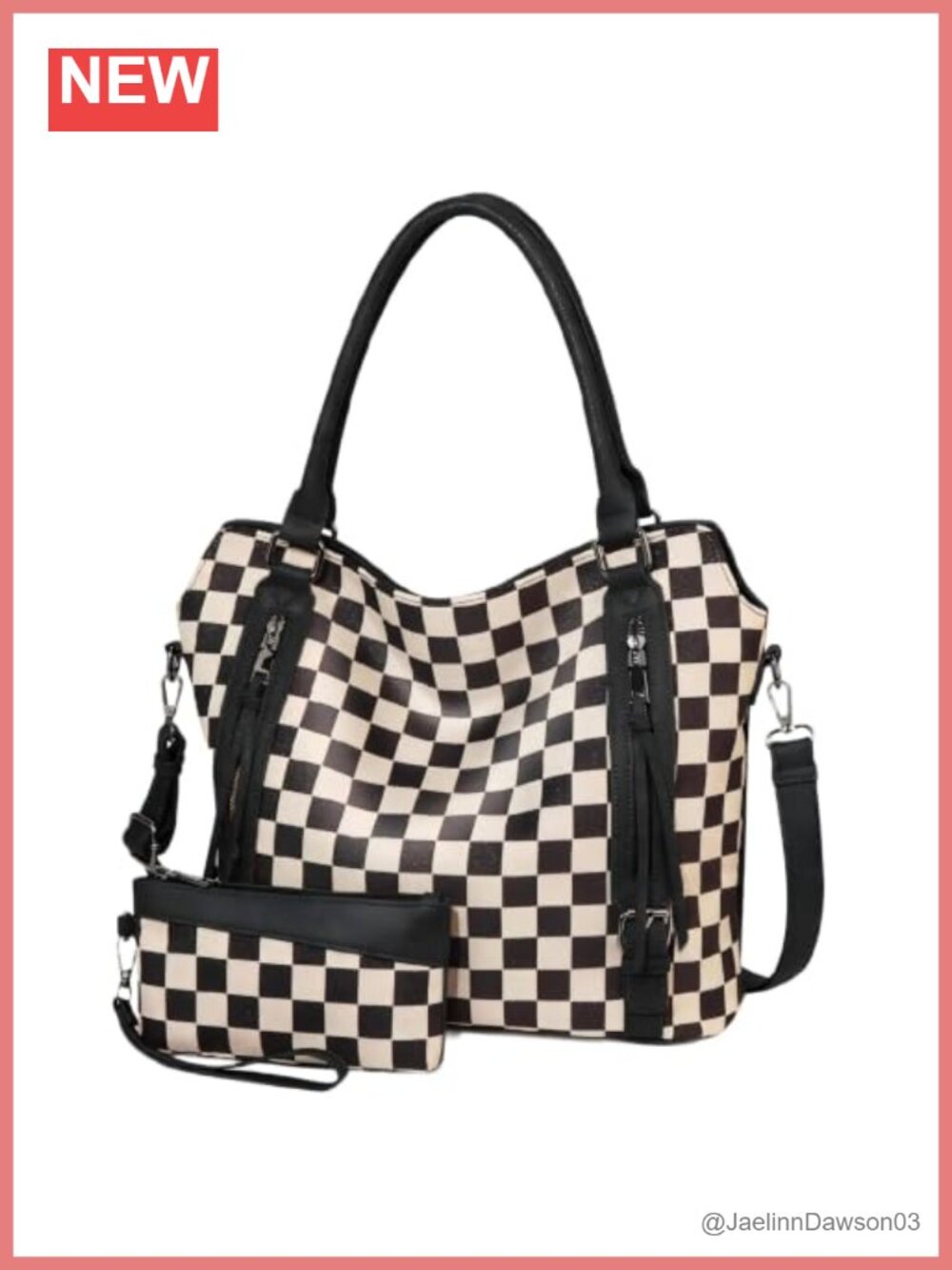 Vegan Leather Checkered Tote Wallet Set Shoulder Handbag
